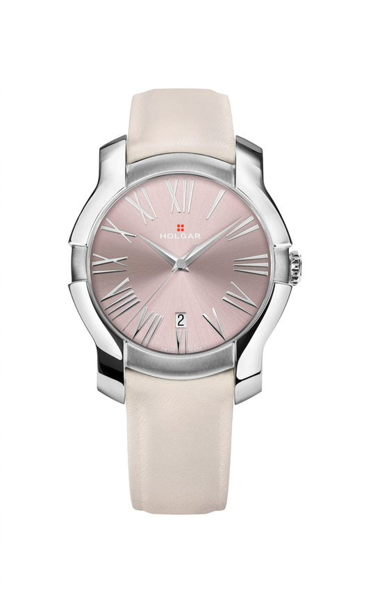 Holgar Women's Pink Dial, Stainless Steel Case and Off-White Leather Strap