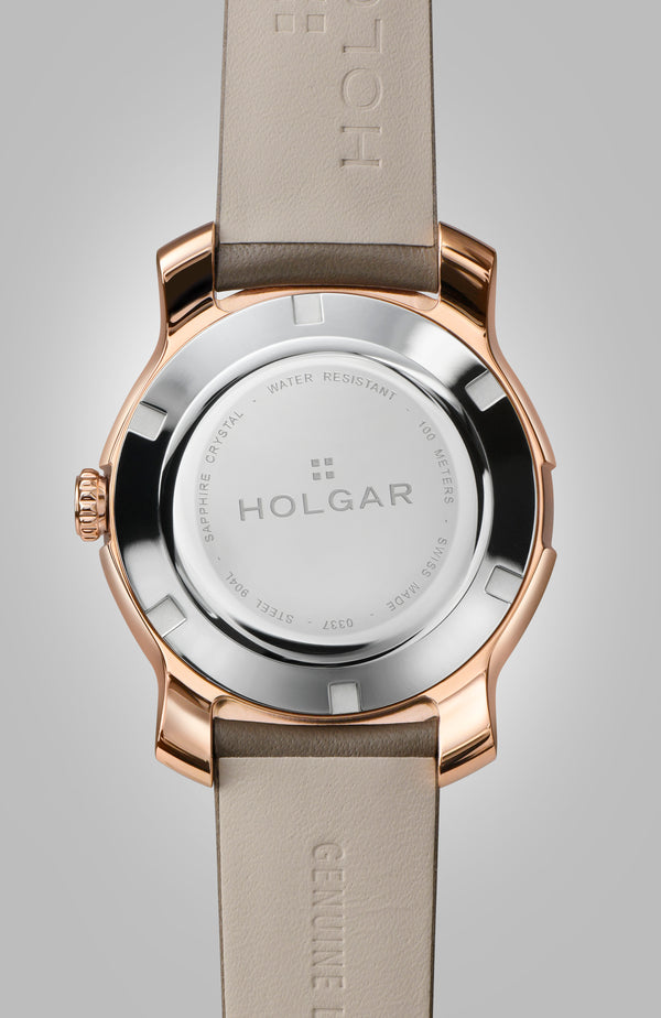 Holgar Women's Champagne Dial, 5N Rose Gold Case and Earth Leather Strap