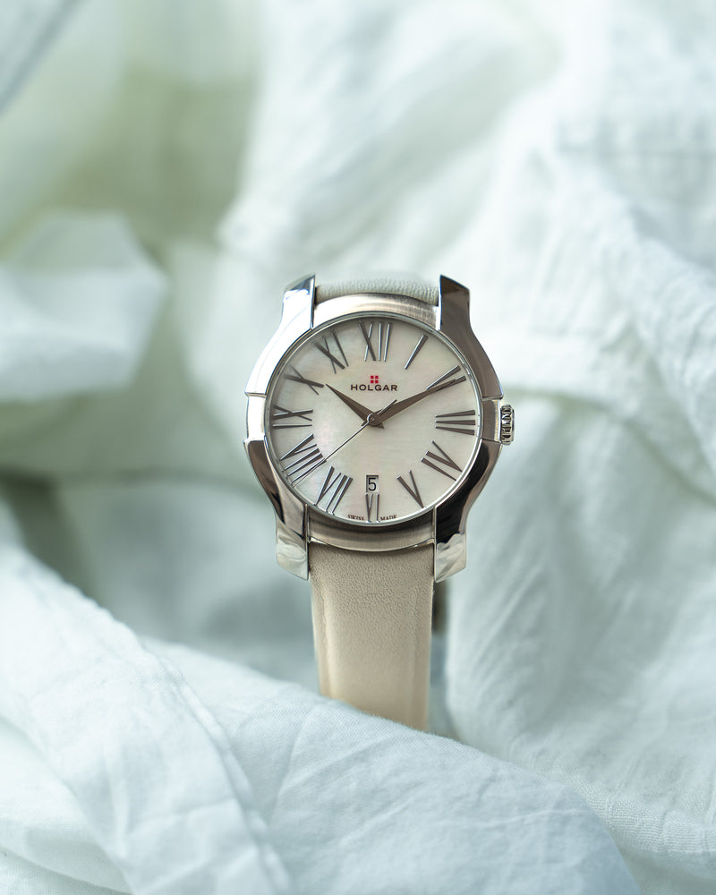 HOLGAR WOMEN'S WHITE MOTHER OF PEARL DIAL, STAINLESS CASE AND CREAM LEATHER STRAP