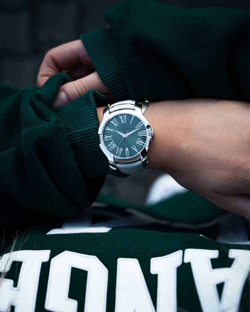 HOLGAR WOMEN'S GREEN DIAL, STAINLESS STEEL CASE AND FROST LEATHER STRAP