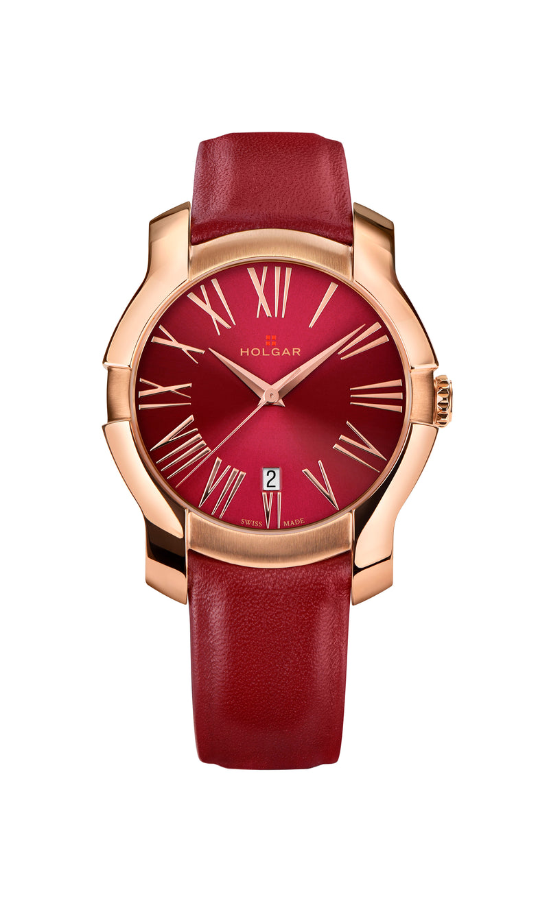 Holgar Women's Red Dial, 5N Rose Gold Case and Red Leather Strap