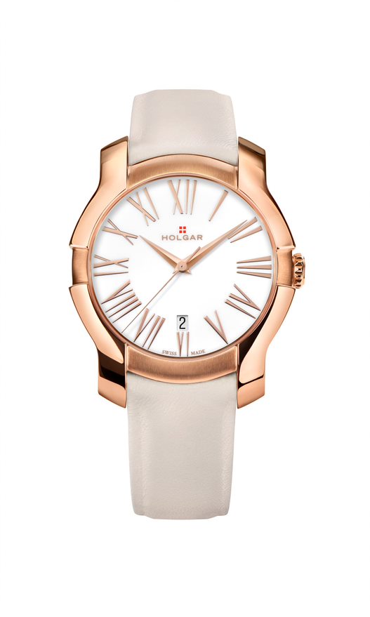 HOLGAR WOMEN'S WHITE DIAL, 5N ROSE GOLD CASE AND CREAM LEATHER STRAP