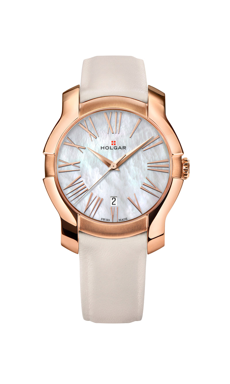 HOLGAR WOMEN'S WHITE MOTHER OF PEARL DIAL, 5N ROSE GOLD CASE AND EARTH LEATHER STRAP