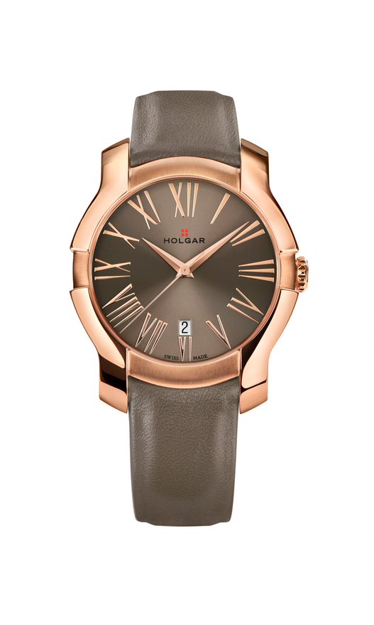 This Holgar Swiss womens 5N rose gold watch with champagne dial features 38mm rose gold case, Swiss movement, earth color leather strap and water resistance up to 100 meters. 
