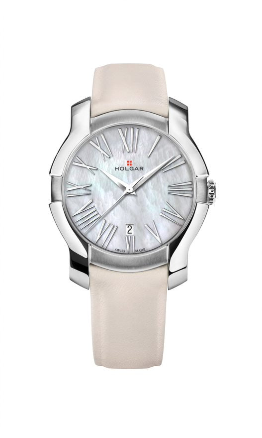 HOLGAR WOMEN'S WHITE MOTHER OF PEARL DIAL, STAINLESS CASE AND CREAM LEATHER STRAP