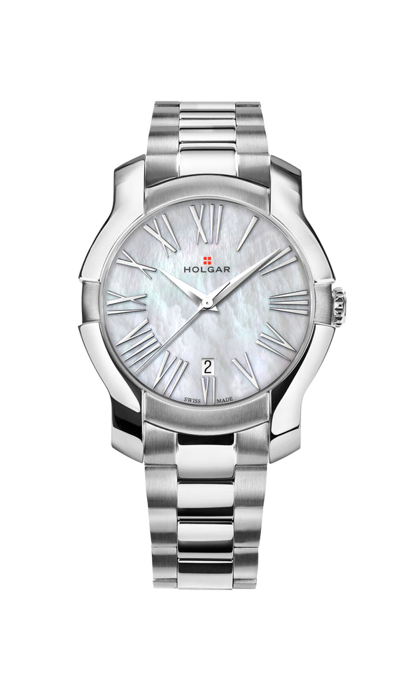 HOLGAR WOMEN'S WHITE MOTHER OF PEARL DIAL, STAINLESS STEEL CASE AND BRACELET