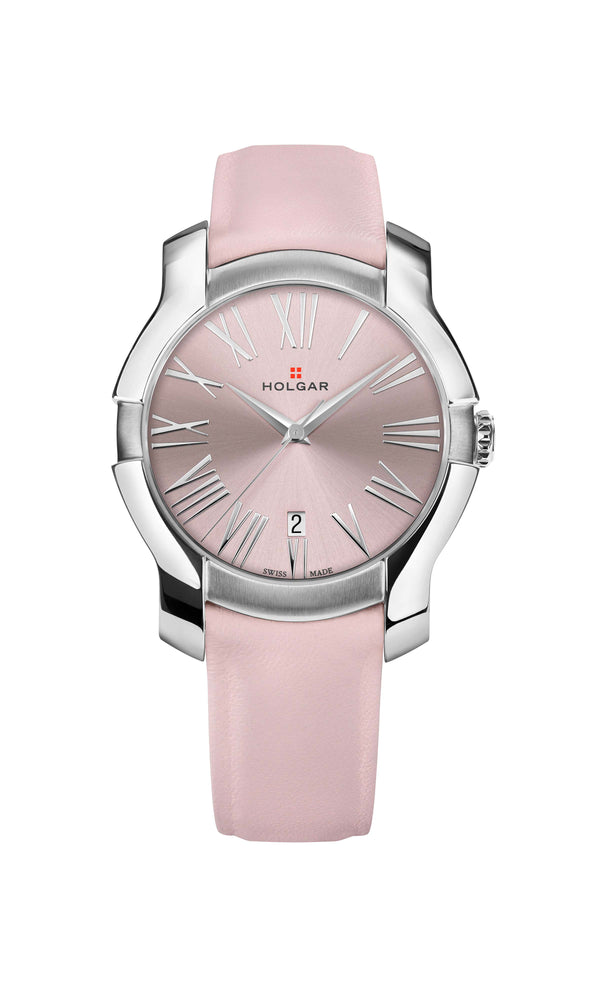 Holgar Women's Pink Dial, Stainless Steel Case and Pink Leather Strap